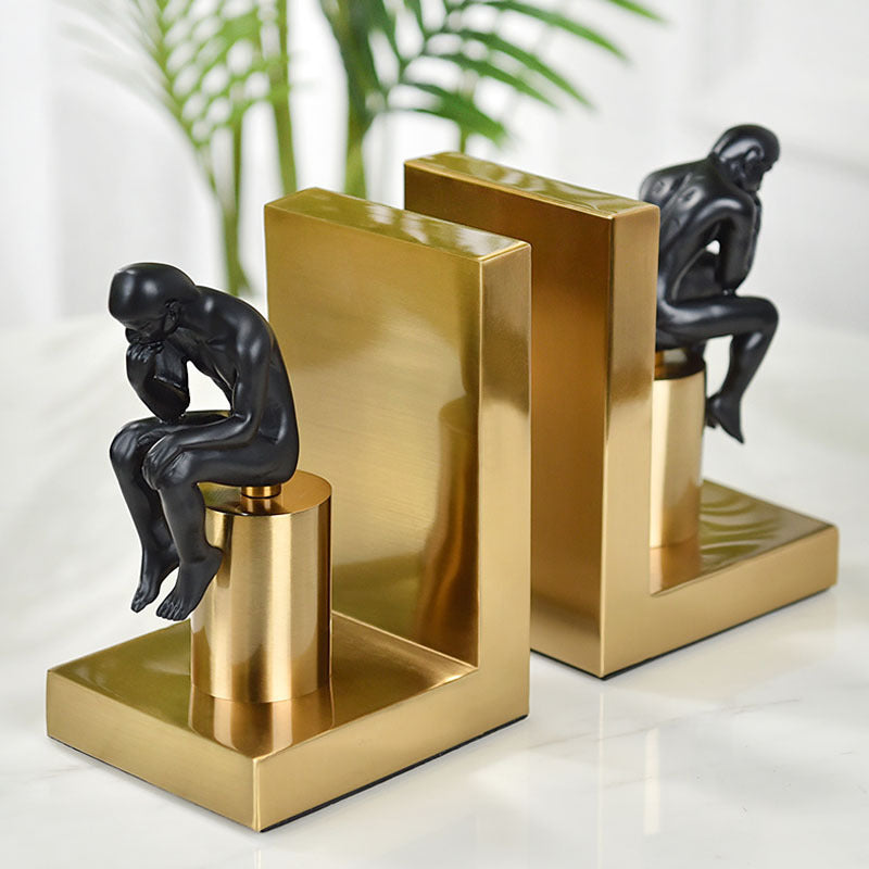 Brass Thinker Bookends — powder-coated metal desk decor, view 1