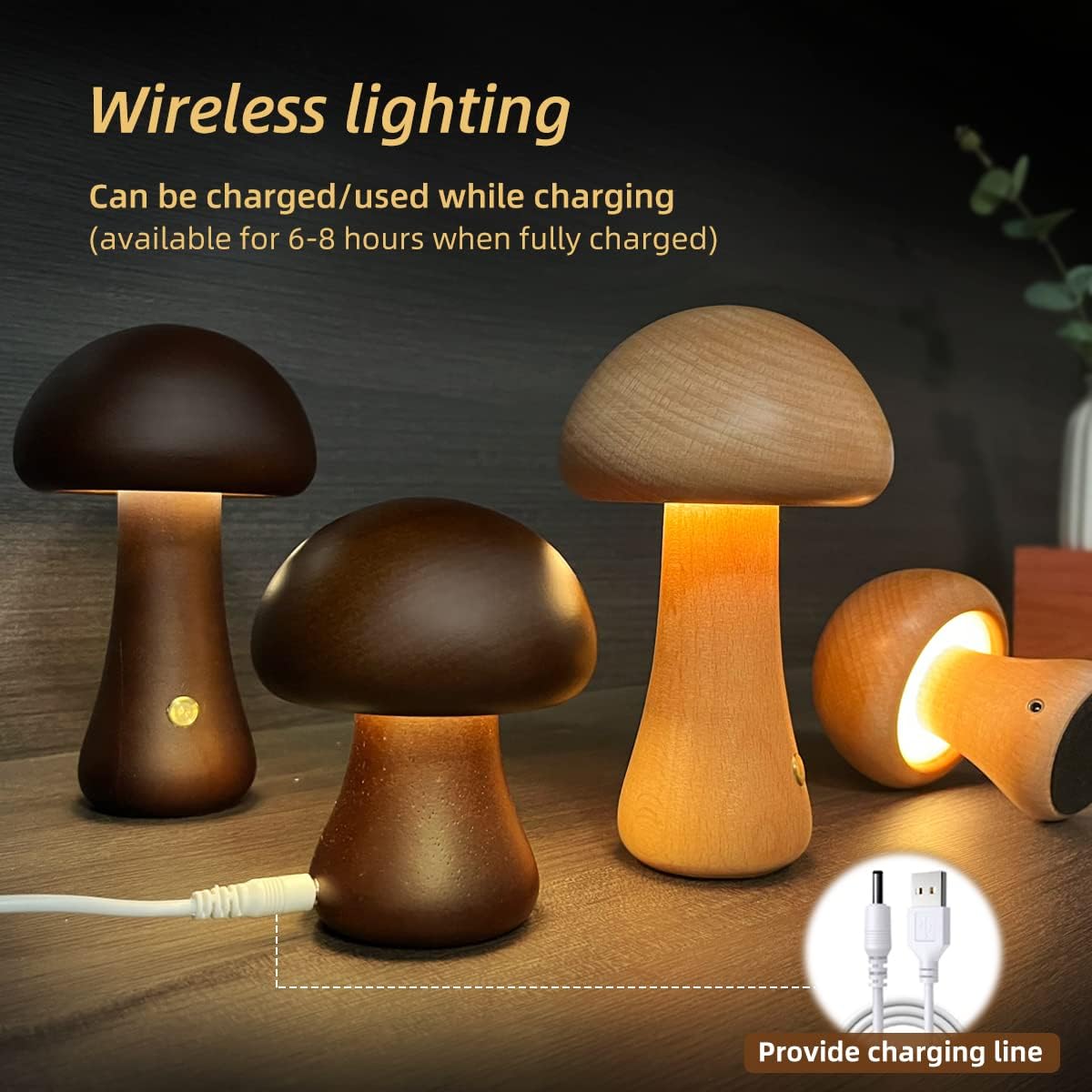 Wooden Mushroom Touch Lamp — solid wood lighting decor, view 10