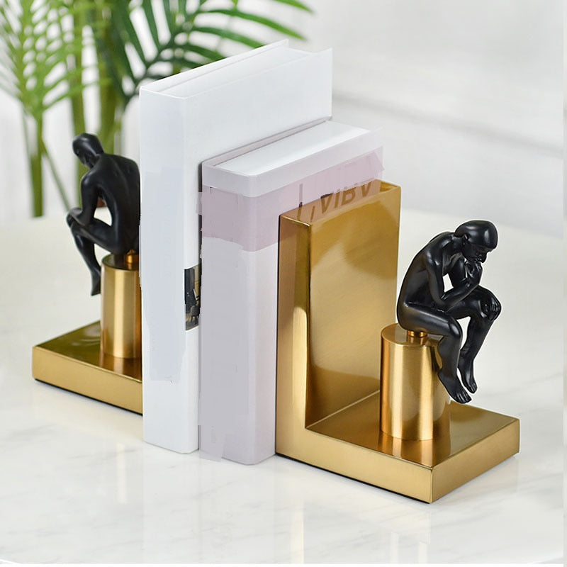 Brass Thinker Bookends — powder-coated metal desk decor, view 2